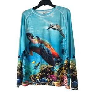 Uzzi Activewear Mens Large Sea Turtle Coral Reef Rash Guard Long Sleeve Blue Tee